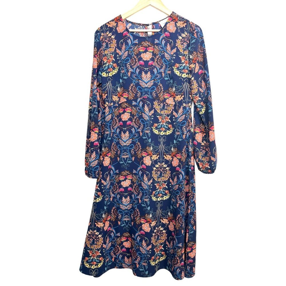 I.Madeline Garden Splendor Navy blue floral midi dress size L